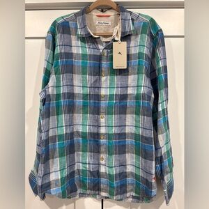 NWT Tommy Bahama Men's, Vero Beach Madras Linen Camp Shirt, Castaway Green Large